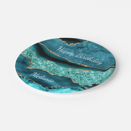 Blauwgroen Blauw Goud Aangepaste Naam Verjaardag P Papieren Bordje (Gekanteld)