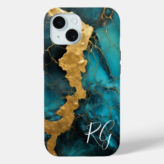 Blauwgroen blauw goud Abstract marmeren monogram Case-Mate iPhone Case (Achterkant)