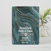 Blauwgroen Blauw Goud Abstract Waterverf Bruiloft Kaart (Staand voorkant)