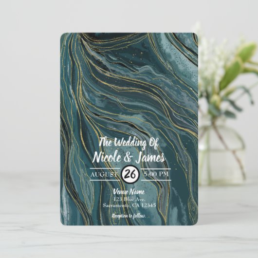 Blauwgroen Blauw Goud Abstract Waterverf Bruiloft Kaart (Staand voorkant)