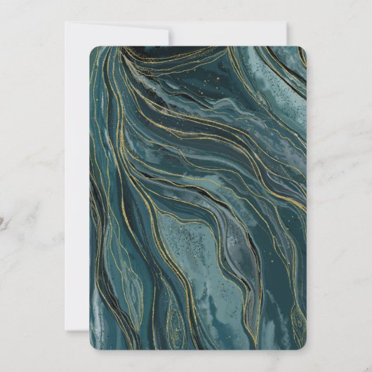Blauwgroen Blauw Goud Abstract Waterverf Bruiloft Kaart (Achterkant)