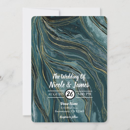 Blauwgroen Blauw Goud Abstract Waterverf Bruiloft Kaart (Voorkant)