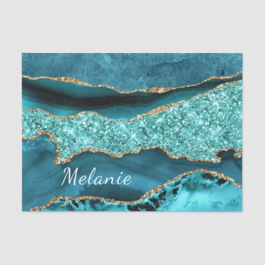 Blauwgroen Blauw Goud Aqua Custom Name Tissue Pape Tissuepapier (Voorkant)