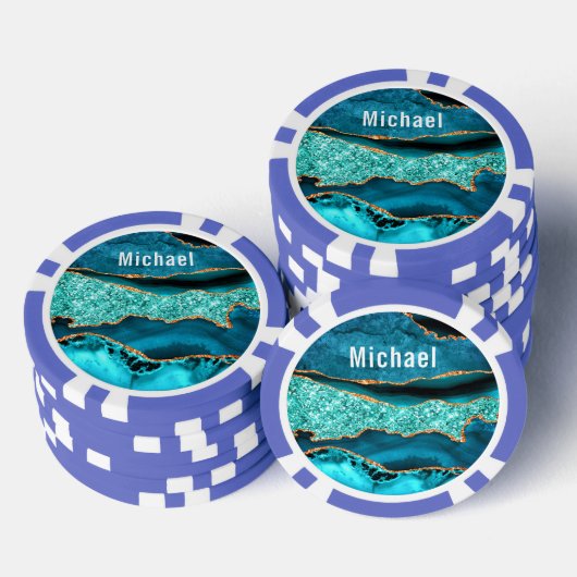 Blauwgroen Blauw Goud Aqua Marmer Custom Naam Poke Poker Chips (Opstapeling)