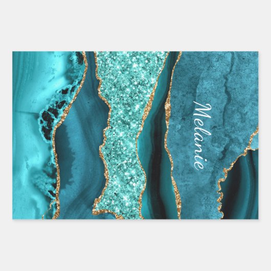 Blauwgroen Blauw Goud Aqua Turquoise Aangepaste Jo Inpakpapier Vel (Voorkant 3)