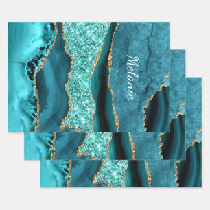 Blauwgroen Blauw Goud Aqua Turquoise Aangepaste Jo Inpakpapier Vel