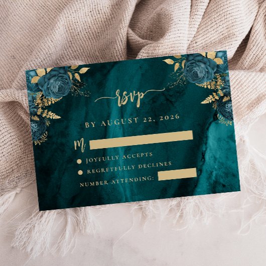 Blauwgroen Blauw Goud Bloemen Agaat Script Wedding Informatiekaartje