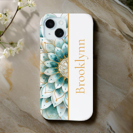 Blauwgroen Blauw Goud Bloemen Mandala Gepersonalis iPhone 15 Case