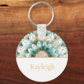 Blauwgroen Blauw Goud Bloemen Mandala Gepersonalis Sleutelhanger (Voorkant)