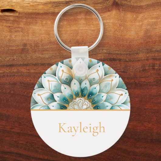 Blauwgroen Blauw Goud Bloemen Mandala Gepersonalis Sleutelhanger (Voorkant)