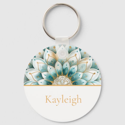 Blauwgroen Blauw Goud Bloemen Mandala Gepersonalis Sleutelhanger (Achterkant)