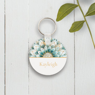 Blauwgroen Blauw Goud Bloemen Mandala Gepersonalis Sleutelhanger