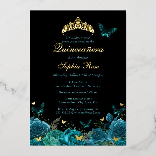 Blauwgroen Blauw Goud Bloemen Vlinder Tiara Quince Folie Uitnodiging (Voorkant)