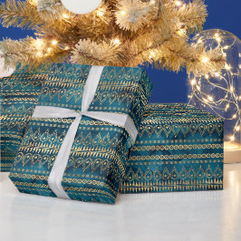 Blauwgroen Blauw Goud Boho Cadeaupapier