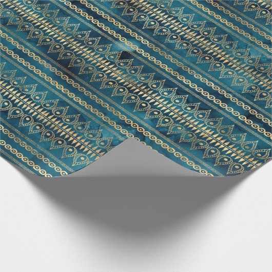 Blauwgroen Blauw Goud Boho Cadeaupapier (Hoek)