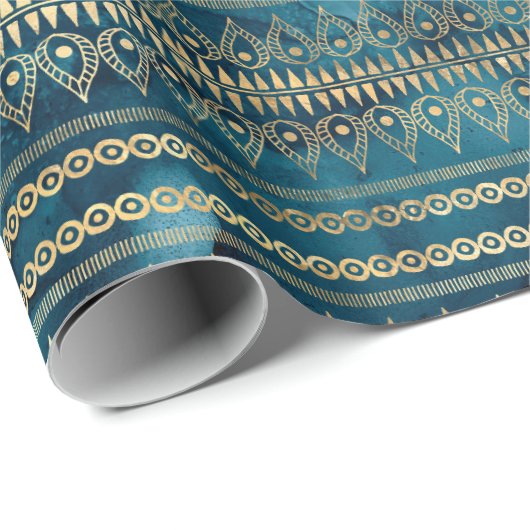 Blauwgroen Blauw Goud Boho Cadeaupapier (Rol Hoek)