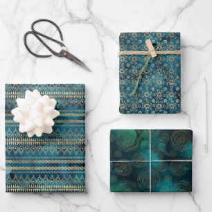 Blauwgroen Blauw Goud Boho Inpakpapier Vel