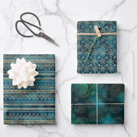 Blauwgroen Blauw Goud Boho Inpakpapier Vel (Voorkant)