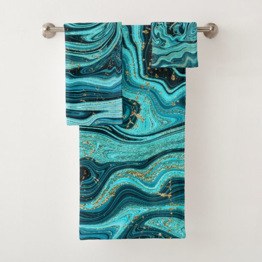 Blauwgroen Blauw & Goud Chique Swirl Modern Abstra Bad Handdoek (Insitu)