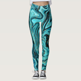 Blauwgroen Blauw & Goud Chique Swirl Modern Abstra Leggings