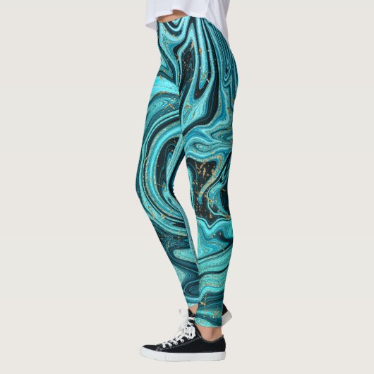 Blauwgroen Blauw & Goud Chique Swirl Modern Abstra Leggings (Links)