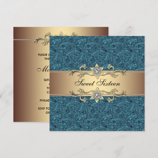 Blauwgroen Blauw Goud Classy Jewel Sweet Sixteen P Kaart (Voorkant / Achterkant)