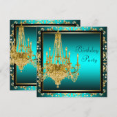 Blauwgroen Blauw Goud Damask Kroonluchter Verjaard Kaart (Voorkant / Achterkant)