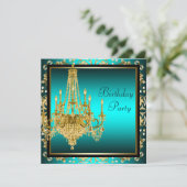 Blauwgroen Blauw Goud Damask Kroonluchter Verjaard Kaart (Staand voorkant)