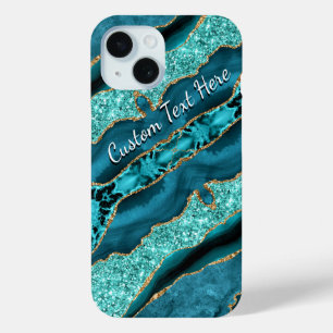 Blauwgroen Blauw Goud Glitter Custom Tekst iPhone 15 Case