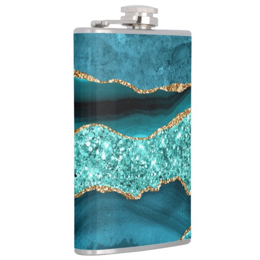 Blauwgroen Blauw Goud Glitter Marmer Aqua Turquois Heupfles (Rechts)
