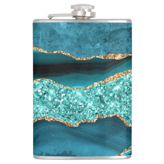 Blauwgroen Blauw Goud Glitter Marmer Aqua Turquois Heupfles (Voorkant)