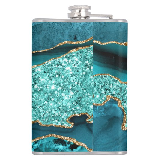 Blauwgroen Blauw Goud Glitter Marmer Aqua Turquois Heupfles (Achterkant)