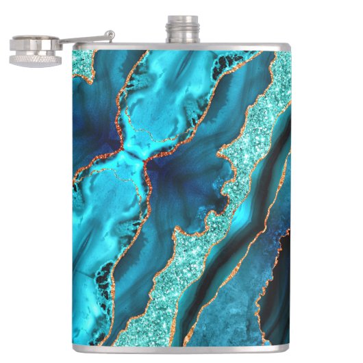Blauwgroen Blauw Goud Glitter Marmer Aqua Turquois Heupfles (Geopend)