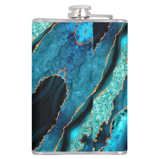 Blauwgroen Blauw Goud Glitter Marmer Aqua Turquois Heupfles (Achterkant)