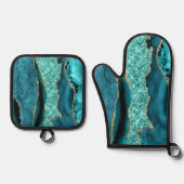 Blauwgroen Blauw Goud Glitter Marmer Aqua Turquois Ovenwant & Pannenlap Set (Voorkant)
