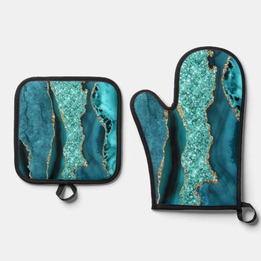 Blauwgroen Blauw Goud Glitter Marmer Aqua Turquois Ovenwant & Pannenlap Set (Voorkant)