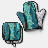 Blauwgroen Blauw Goud Glitter Marmer Aqua Turquois Ovenwant & Pannenlap Set (Voorkant / Achterkant)