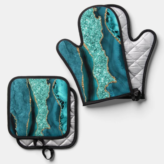 Blauwgroen Blauw Goud Glitter Marmer Aqua Turquois Ovenwant & Pannenlap Set (Voorkant / Achterkant)