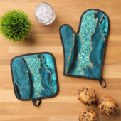Blauwgroen Blauw Goud Glitter Marmer Aqua Turquois Ovenwant & Pannenlap Set (Top down)