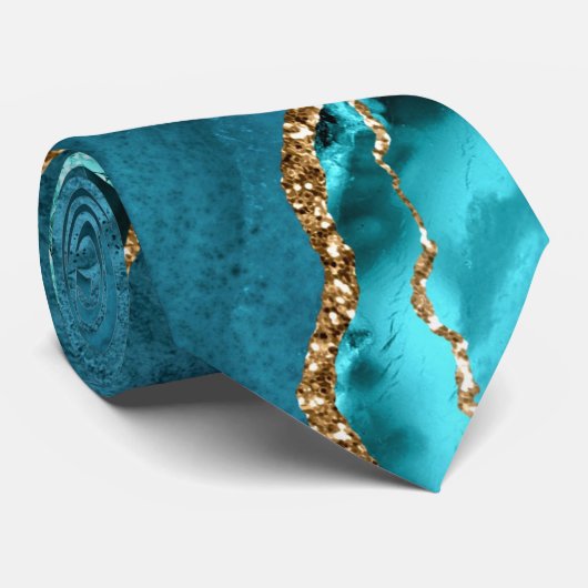Blauwgroen Blauw Goud Glitter Marmer Aqua Turquois Stropdas (Opgerold)