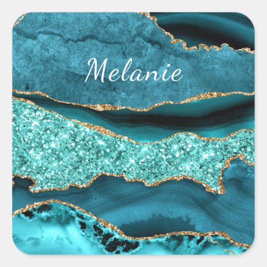 Blauwgroen Blauw Goud Glitter Marmer Custom Name S Vierkante Sticker (Voorkant)