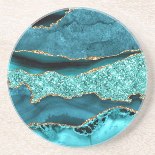 Blauwgroen Blauw Goud Glitter Marmer Turquoise Ond Zandsteen Onderzetter (Voorkant)