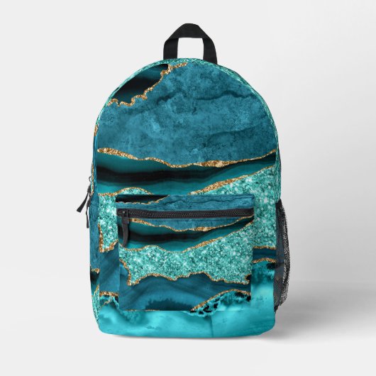 Blauwgroen Blauw Goud Glitter Marmer Turquoise Rug Bedrukte Rugzak (Voorkant)