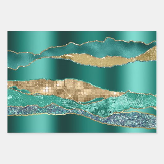 Blauwgroen blauw goud glitter metallic folie chic inpakpapier vel (Voorkant)
