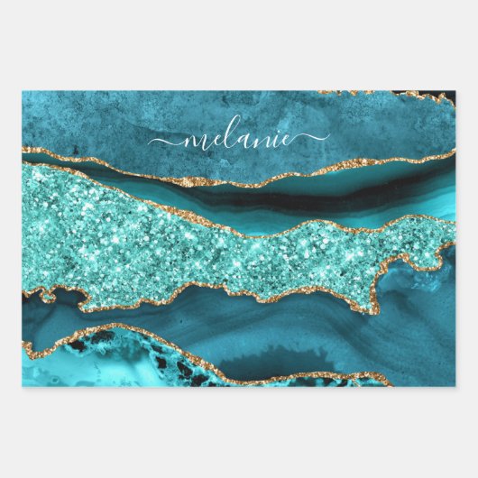Blauwgroen Blauw Goud Glitter Turquoise Aangepaste Inpakpapier Vel (Voorkant 3)