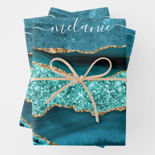 Blauwgroen Blauw Goud Glitter Turquoise Aangepaste Inpakpapier Vel (In situ)
