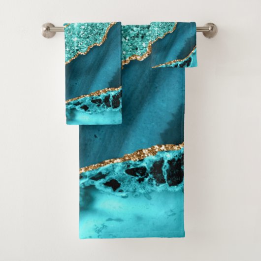 Blauwgroen blauw goud glitter turquoise badhanddoe bad handdoek (Insitu)