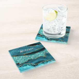 Blauwgroen Blauw Goud Marmer Aangepaste Naam Glass Glazen Onderzetter