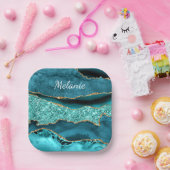 Blauwgroen Blauw Goud Marmer Aangepaste Naam Papie Papieren Bordje (Feest)