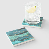 Blauwgroen Blauw Goud Marmer Aangepaste Naam Steen Stenen Onderzetter (Zijkant)